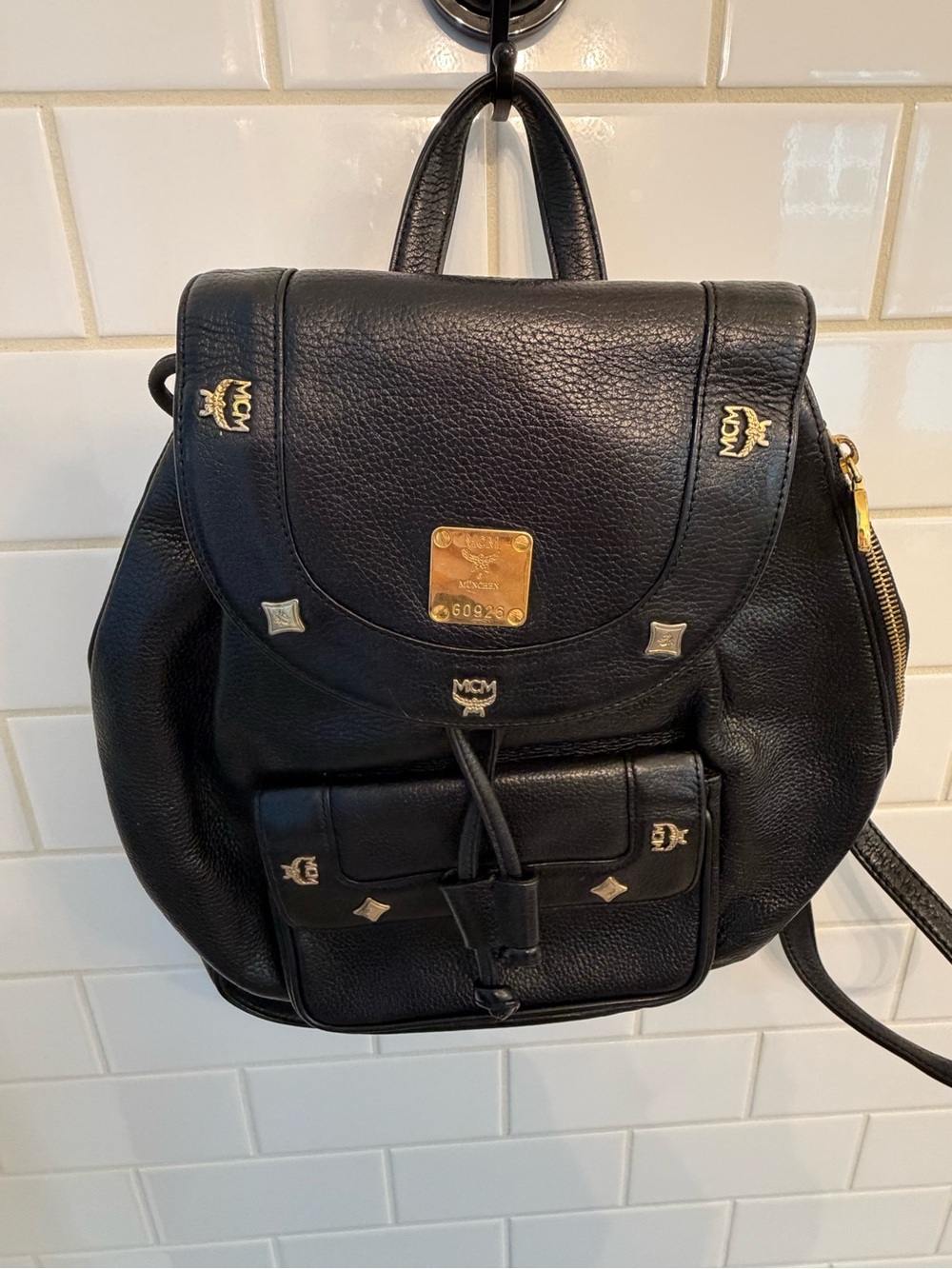 MCM Black Leather Logo Backpack with Gold Hardware